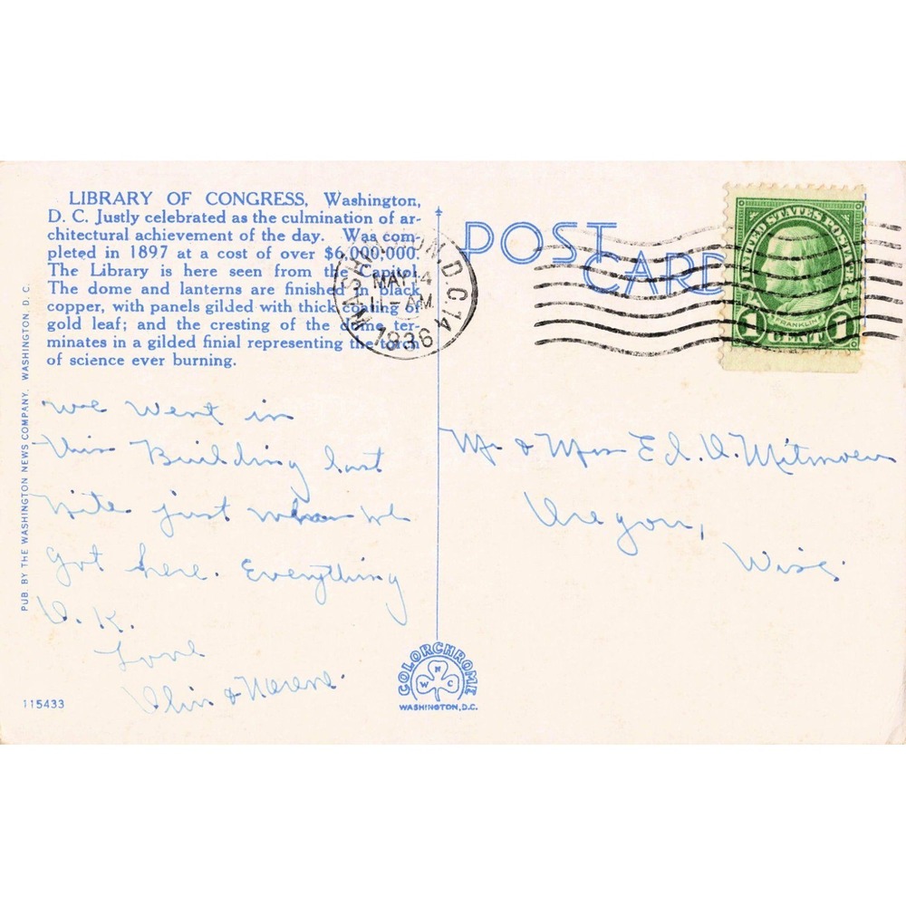 Vintage 1936 Library of Congress Washington DC Linen Postcard #51 - Picture 2 of 2